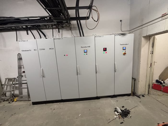 Finished row of main switchboard sections with labels