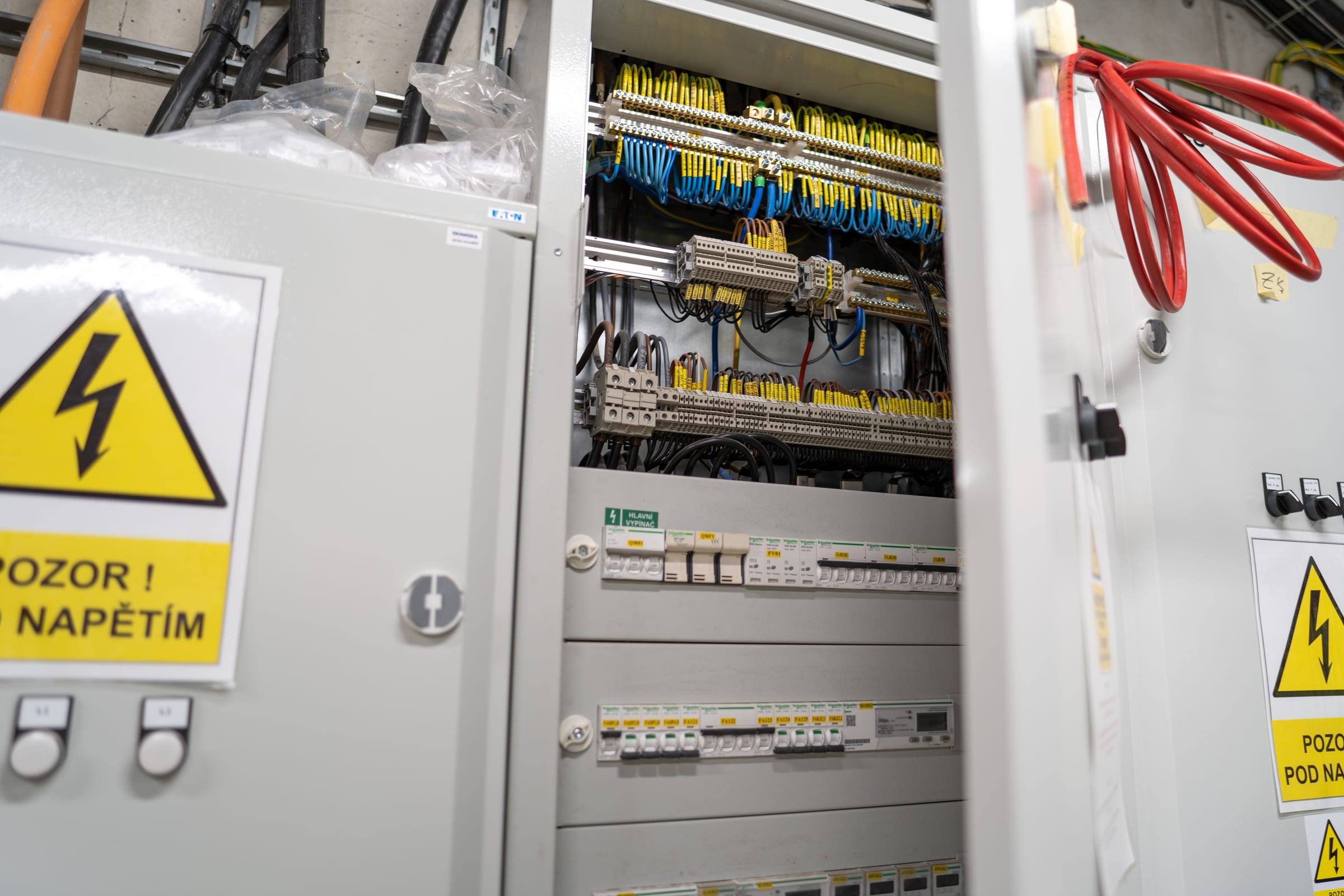 Open LV switchboard — terminal blocks, circuit breakers and main switch